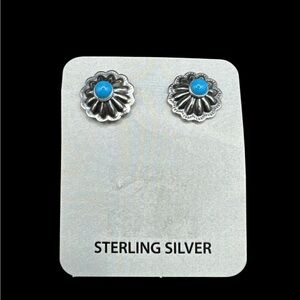 New Petite Sterling Silver Navajo Sleeping Beauty Turquoise Concho Post Earrings